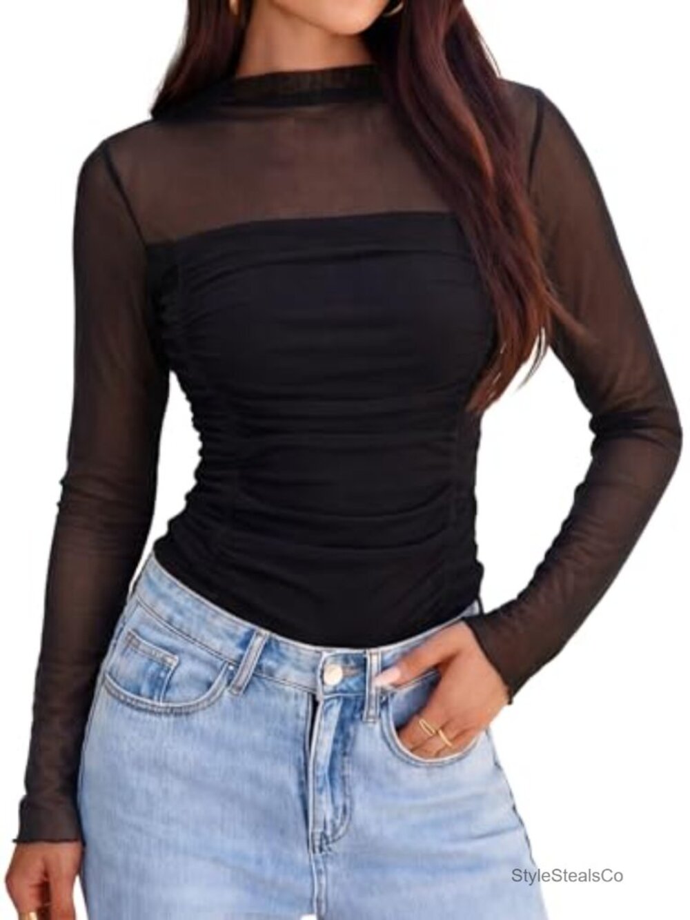 Women's Lace Mesh Long Sleeve Mock Neck Ruched Blouse